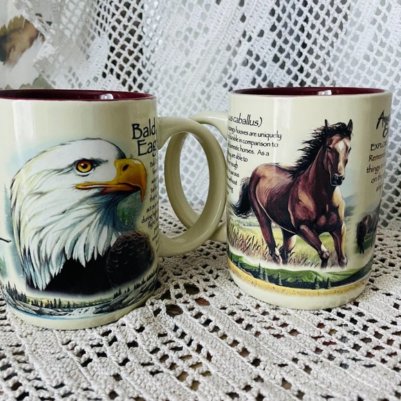 America’s Wildlife Expedition Coffee Mugs 18oz Bald Eagle/Mustang Print Set of 2